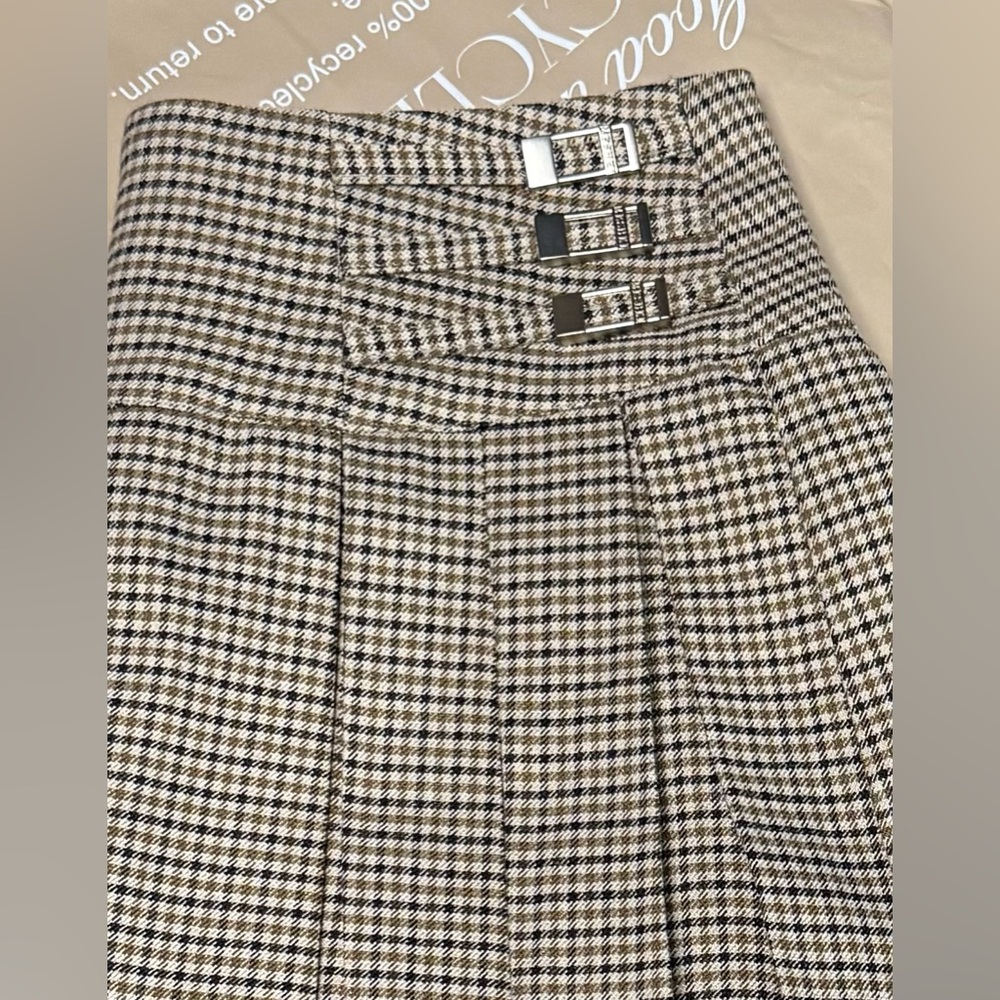 Meshki Tan Check Angie Pleated Buckle Mini Suiting Skirt - Spring Suiting NWOT - Picture 9 of 12